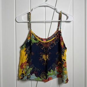 Farm Rio Crop Top Floral Blue Size Small Sleeveless Relaxed Fit Bohemian Resort